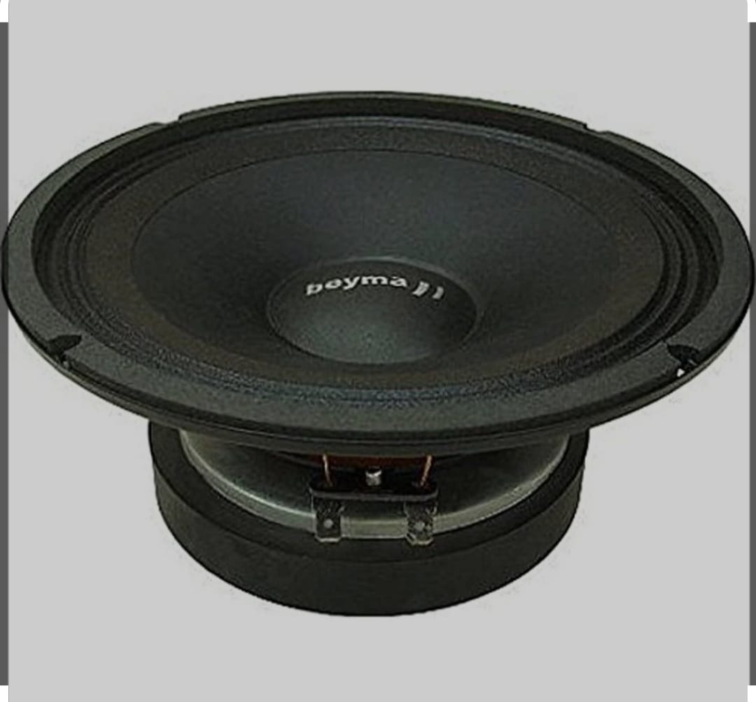 "Close-up image of the Beyma PRO8BK – a professional 8-inch car audio speaker with a sleek black finish. Designed for high-fidelity performance in demanding automotive environments, it features a robust cone and precision-engineered components for crisp mid-bass and clear sound reproduction."
